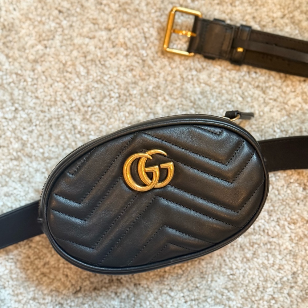 100% Authentic Marmot Gucci Quilted Black Belt Bag with Gold Accent